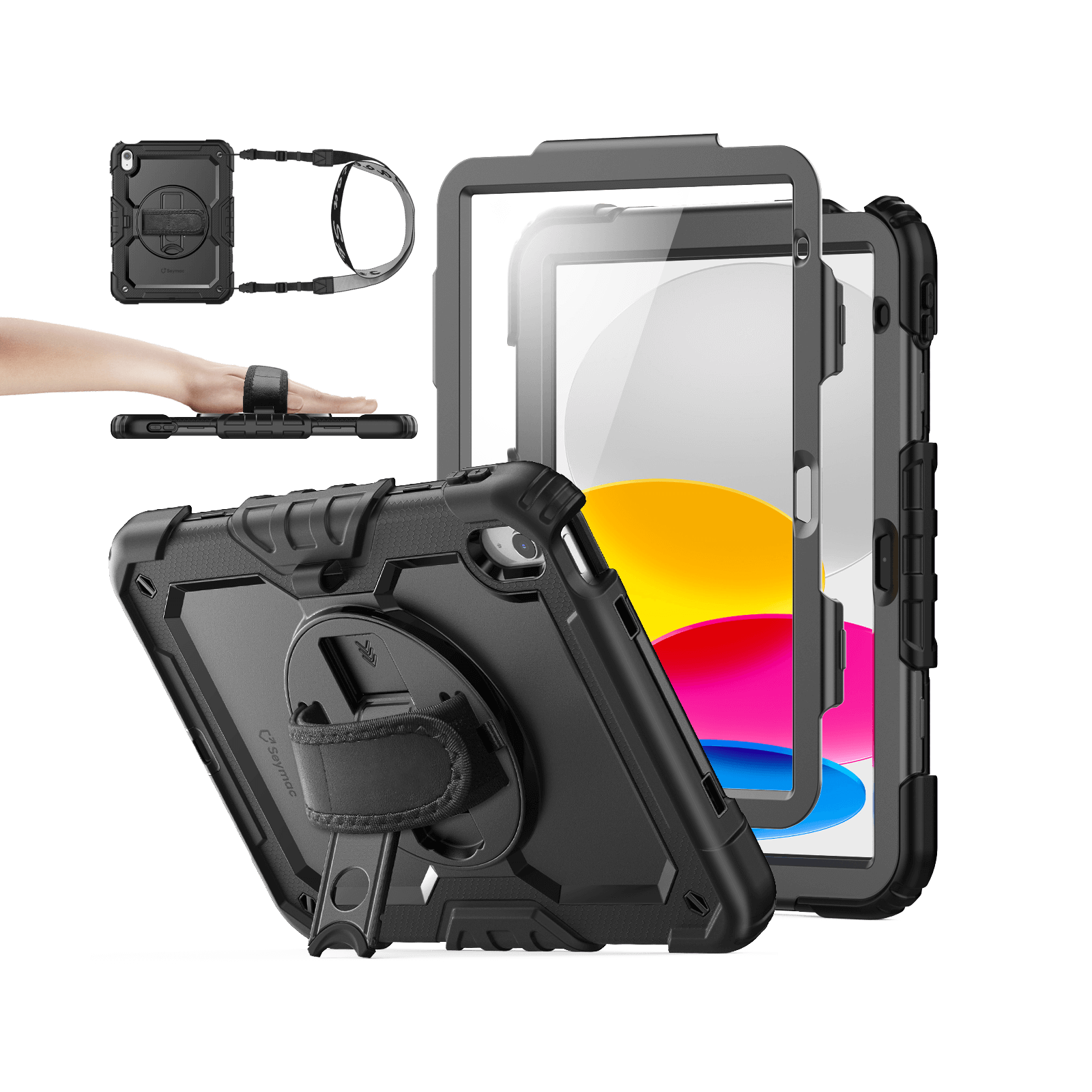 iPad A16/10th Gen rugged case with hand strap, black