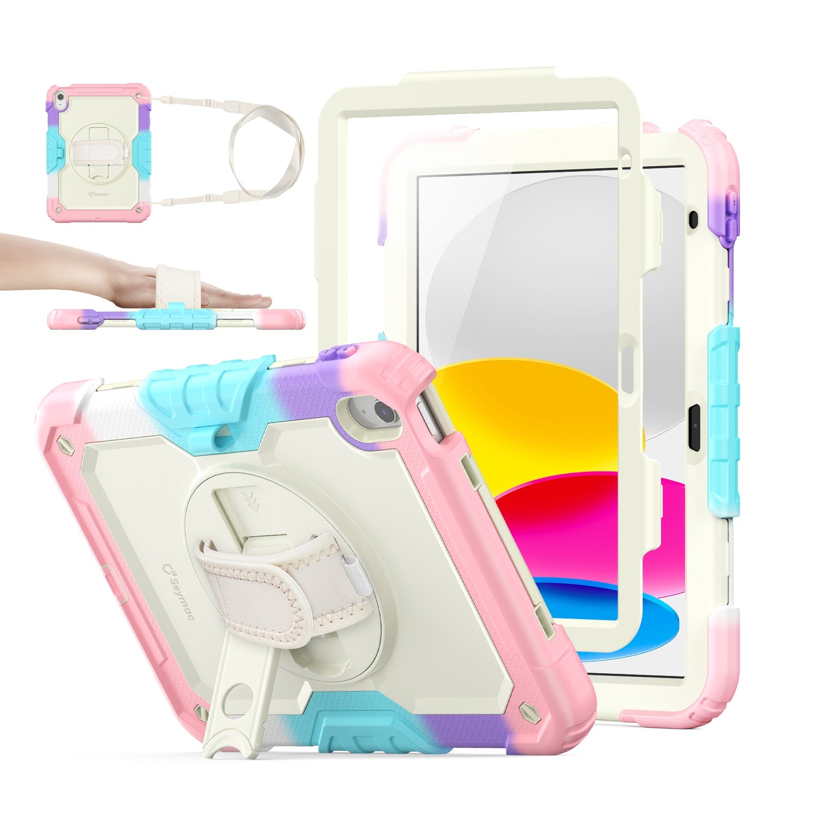 iPad A16/10th Gen rugged case with hand strap, Rainbow Pink