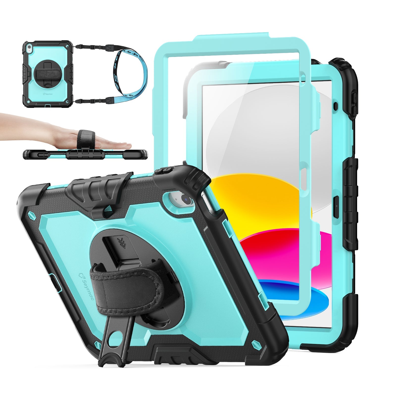 iPad A16/10th Gen rugged case with hand strap, SkyBlue