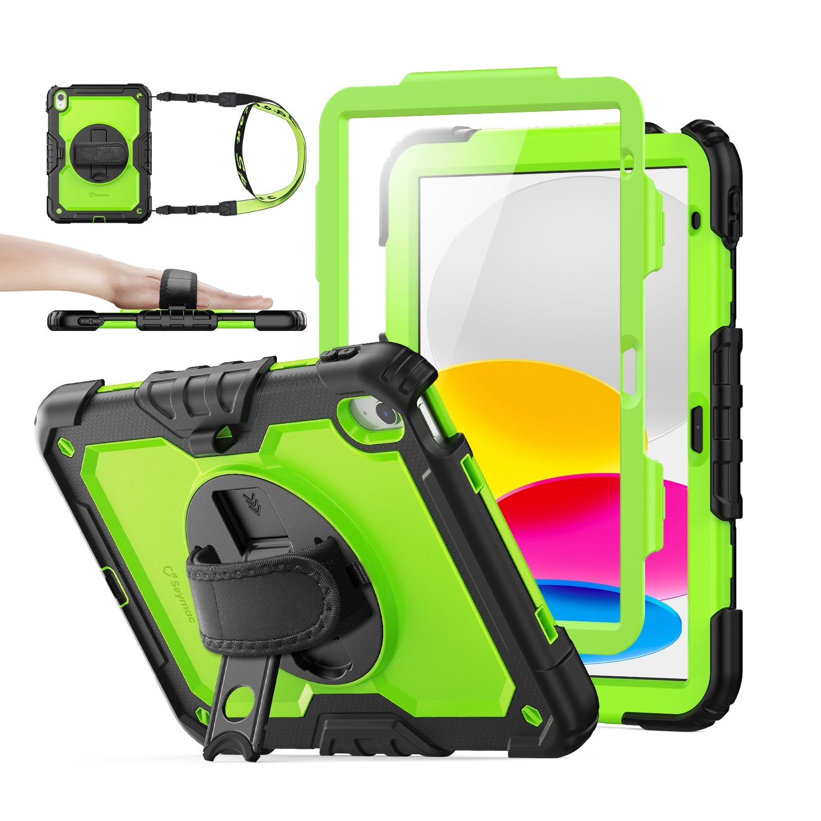 iPad A16/10th Gen rugged case with hand strap, Lime Green