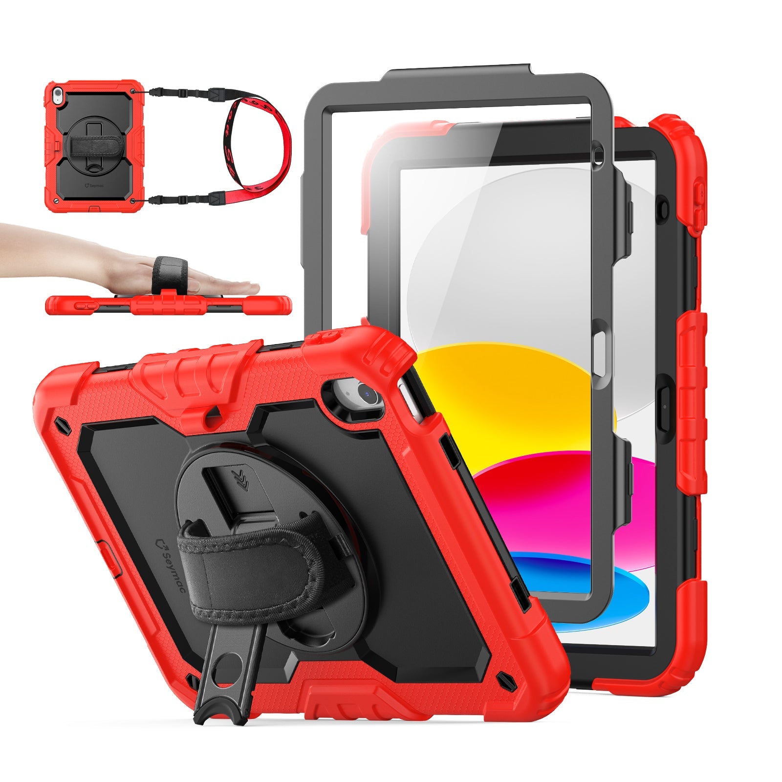 iPad A16/10th Gen rugged case with hand strap, Red