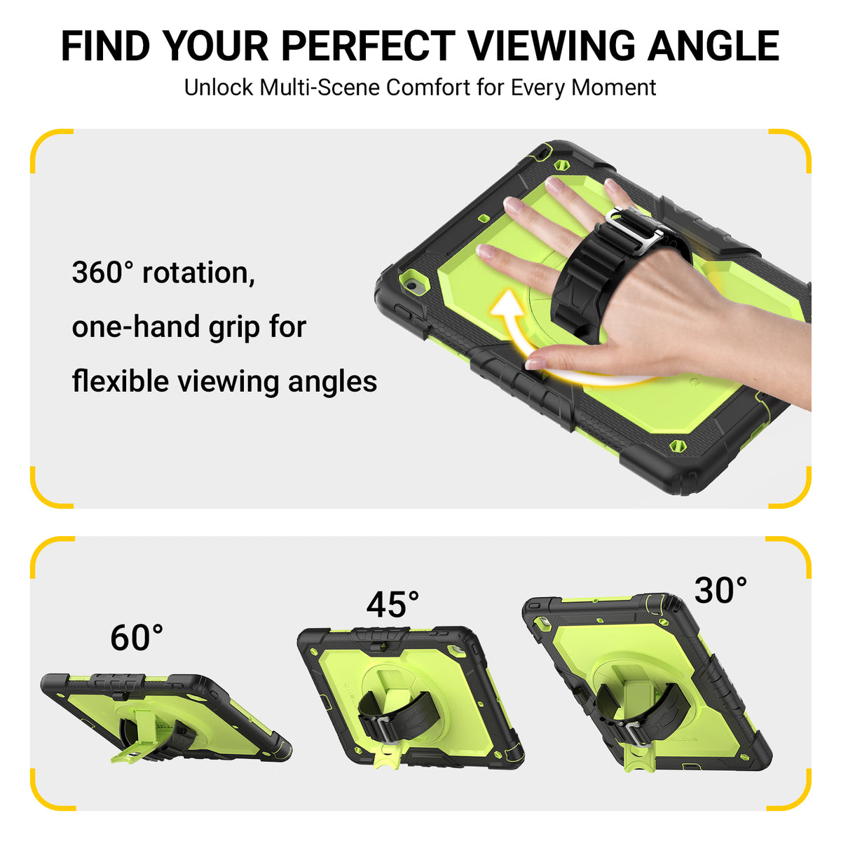 Promotional graphic for a rugged tablet case with a built-in wrist strap and rotation feature. The top section shows a hand gripping the strap to demonstrate one-handed use, with text reading '360° rotation, one-hand grip for flexible viewing angles.