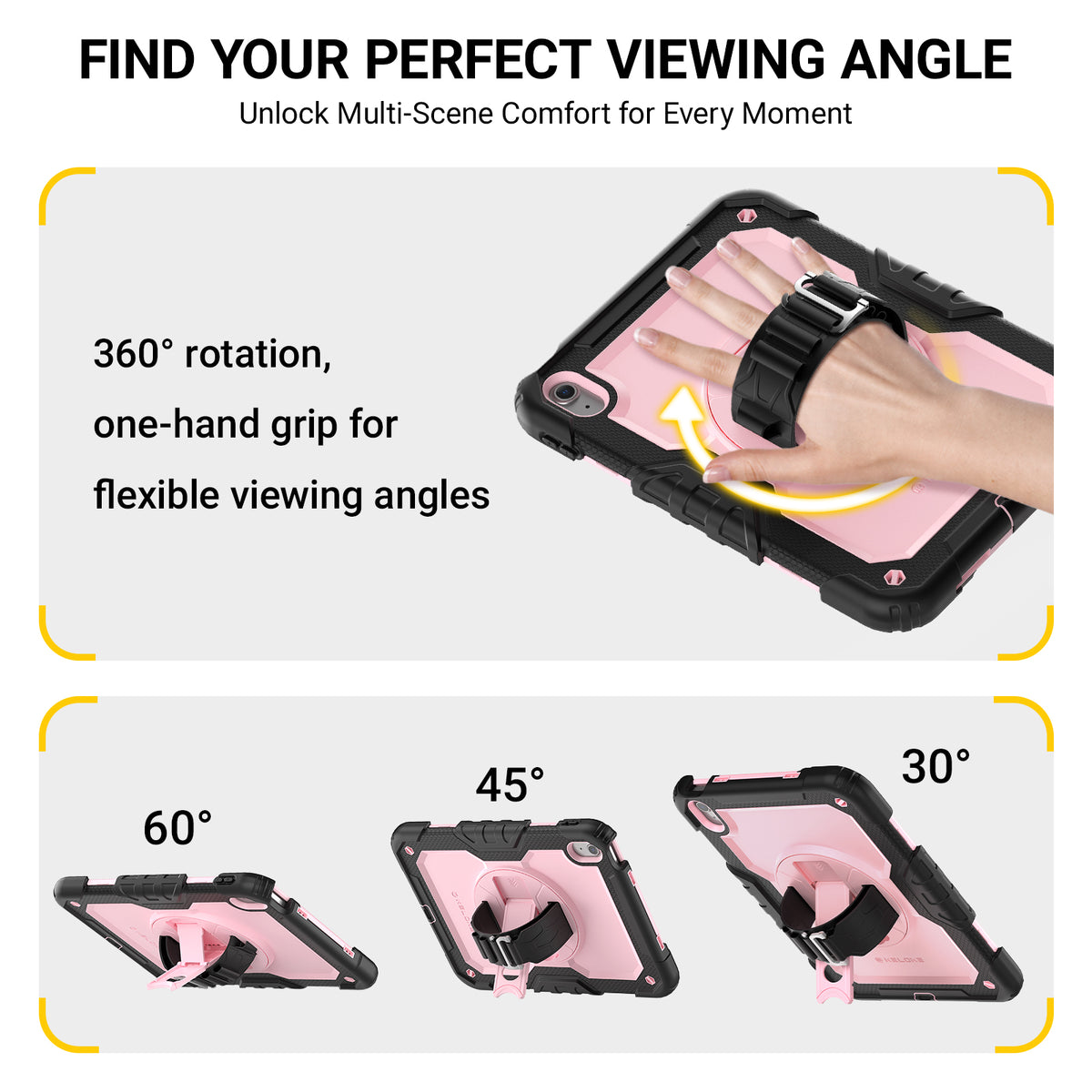 Promotional graphic for a pink and black protective phone case with a built-in wrist strap. The top section shows a hand demonstrating a 360-degree rotation and one-hand grip on the case, with text reading '360° rotation, one-hand grip for flexible viewing angles.