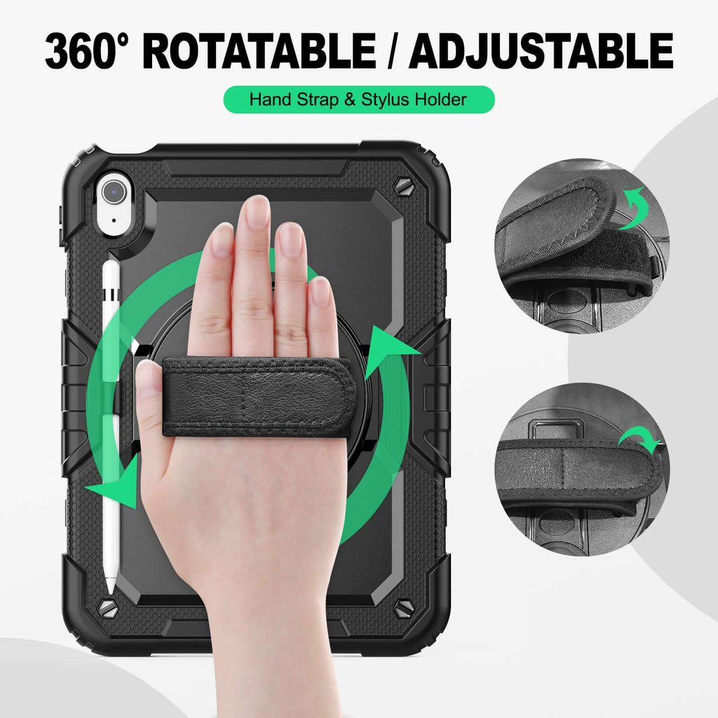 iPad A16/10th Gen rugged case with hand strap, 360° rotatable hand strap & stylus holder