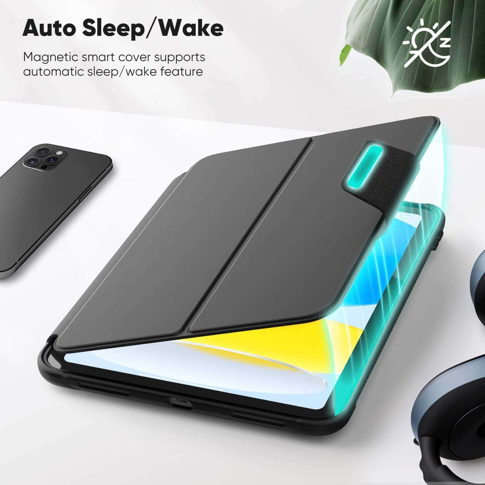 SEYMAC iPad A16 11 Inch Case (2025) showing auto sleep/wake feature with magnetic smart cover.