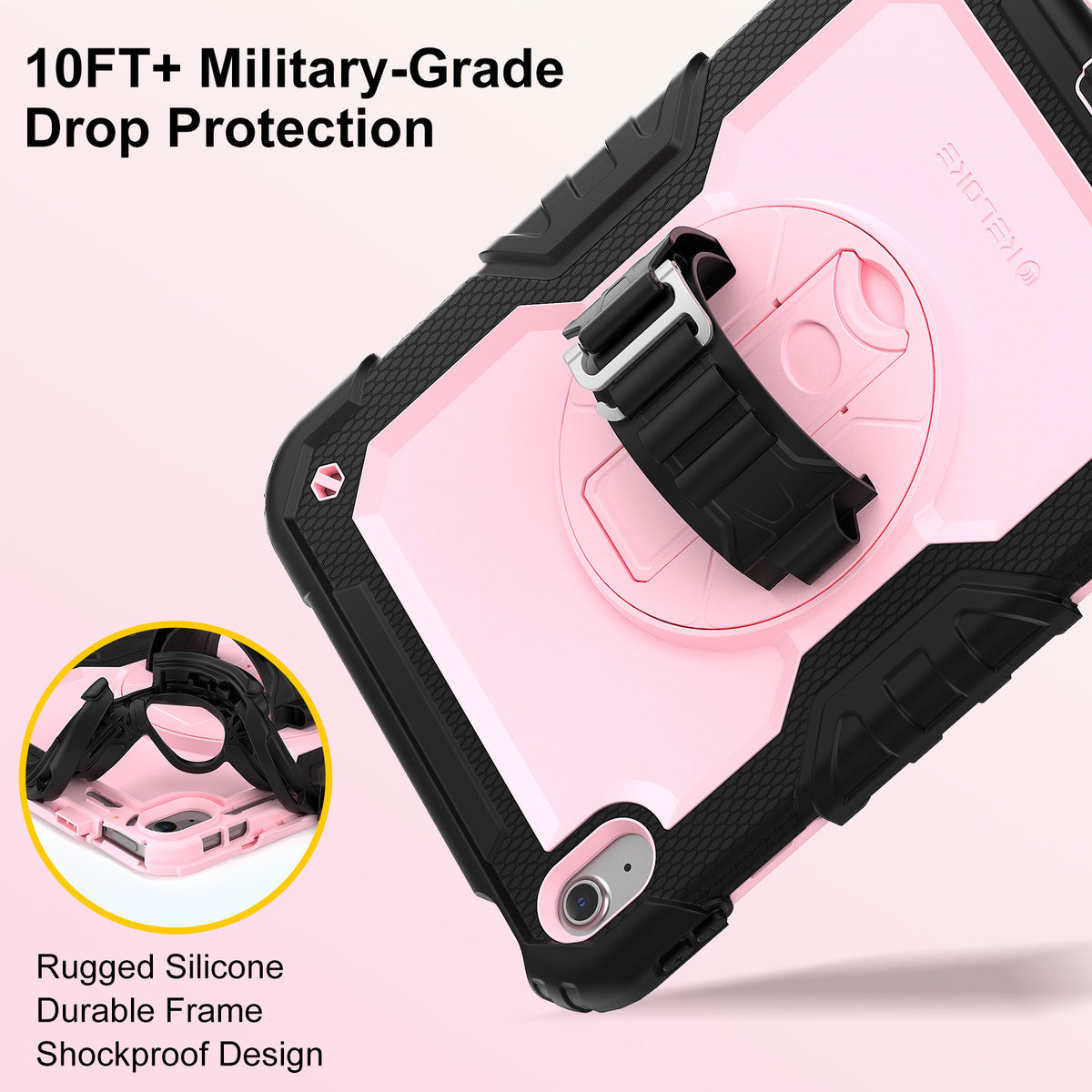 Pink and black rugged phone case with a built-in black stand/handle, shown on a pale pink background with marketing text reading '10FT+ Military-Grade Drop Protection' and 'Rugged Silicone Durable Frame Shockproof Design.'.