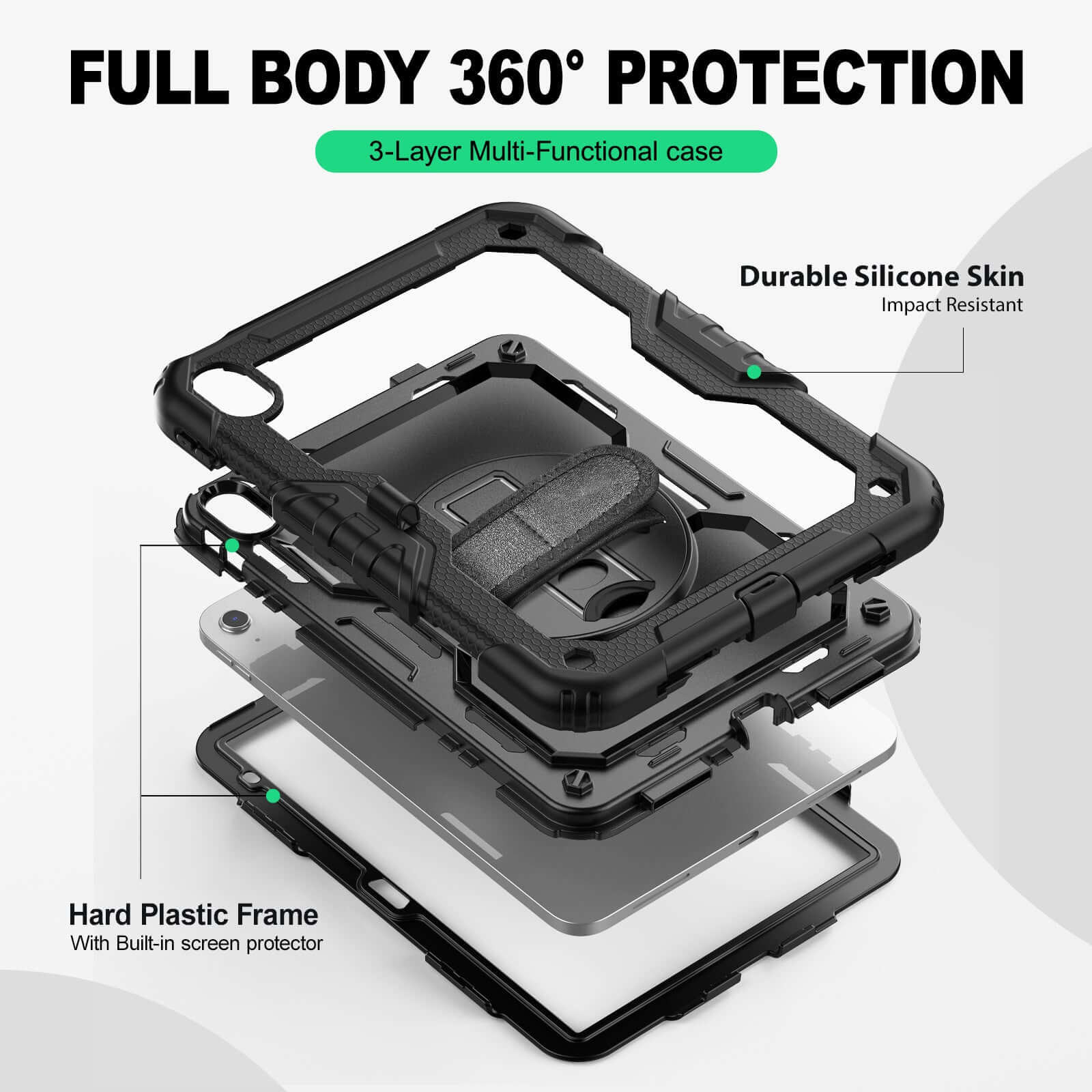 iPad A16/10th Gen rugged case with hand strap, 3-layer multi-functional protection