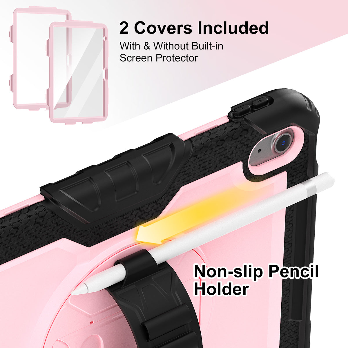 Pink and black rugged tablet case with built-in screen protector and non-slip pencil holder, shown with text overlays on a white and pink background.