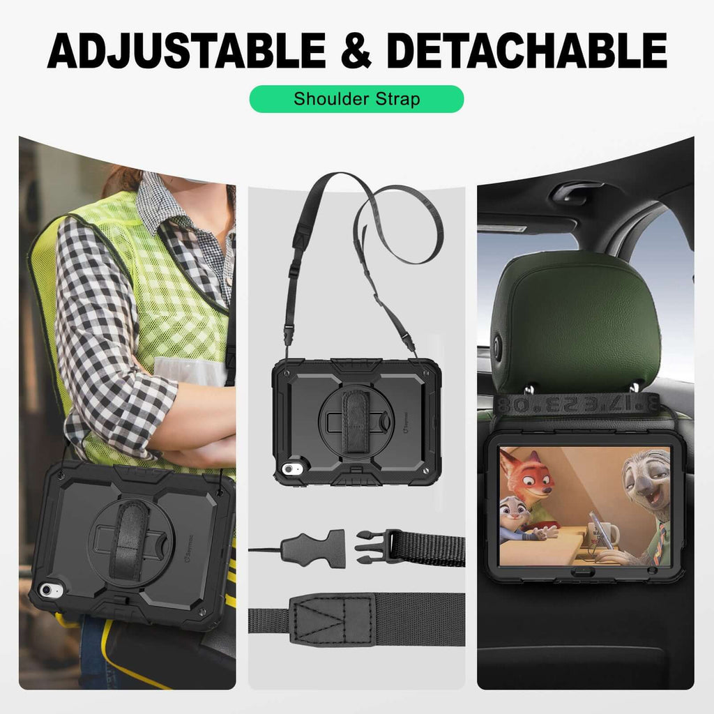 iPad A16/10th Gen rugged case with hand strap, adjustable & detachable shoulder strap
