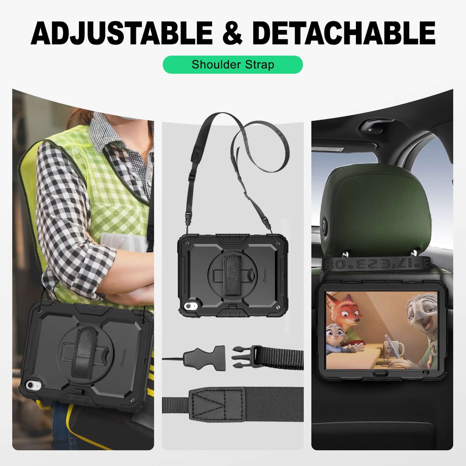 iPad A16/10th Gen rugged case with hand strap, adjustable & detachable shoulder strap