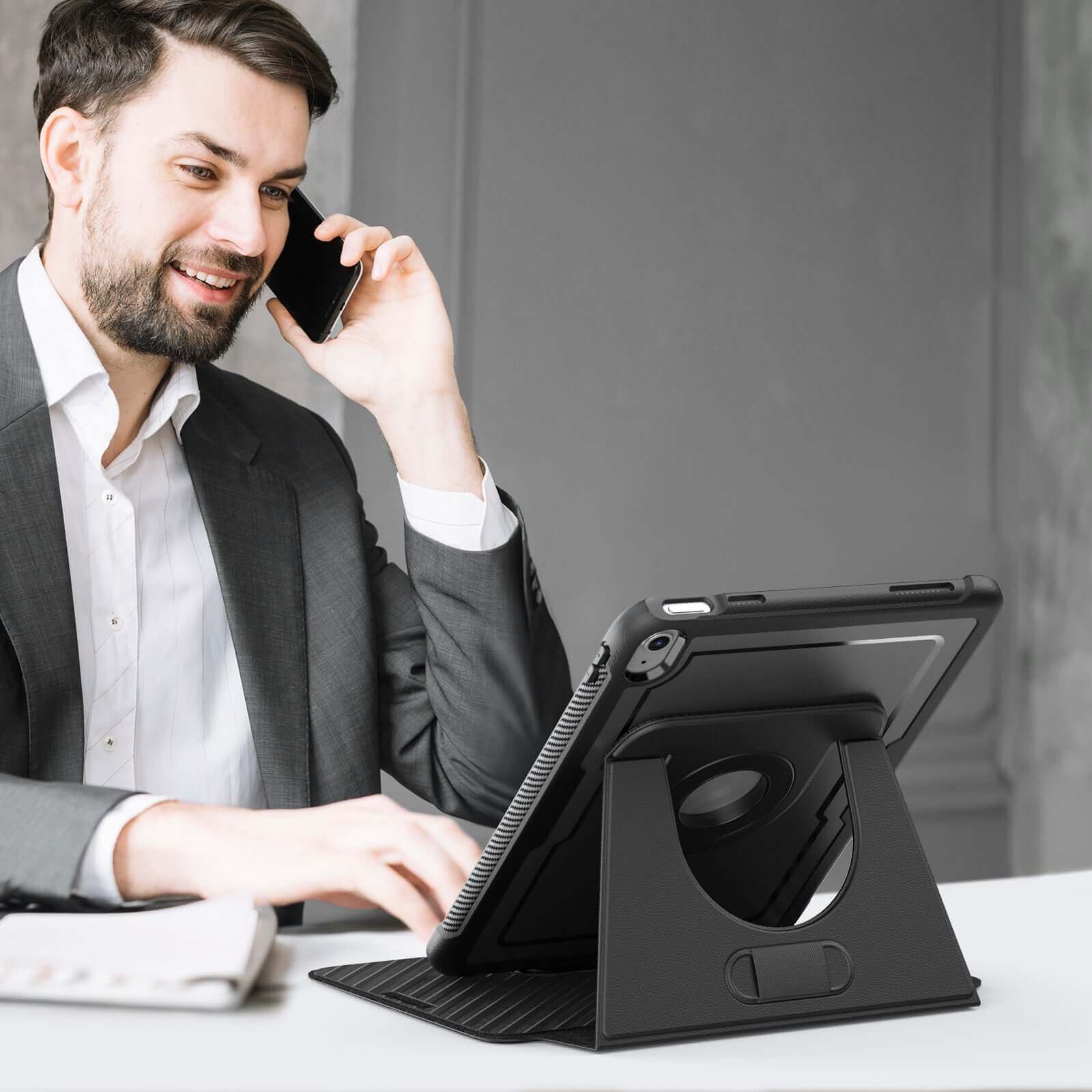SEYMAC iPad A16 11 Inch Case (2025) in use with a multi-angle stand by a man in a suit.