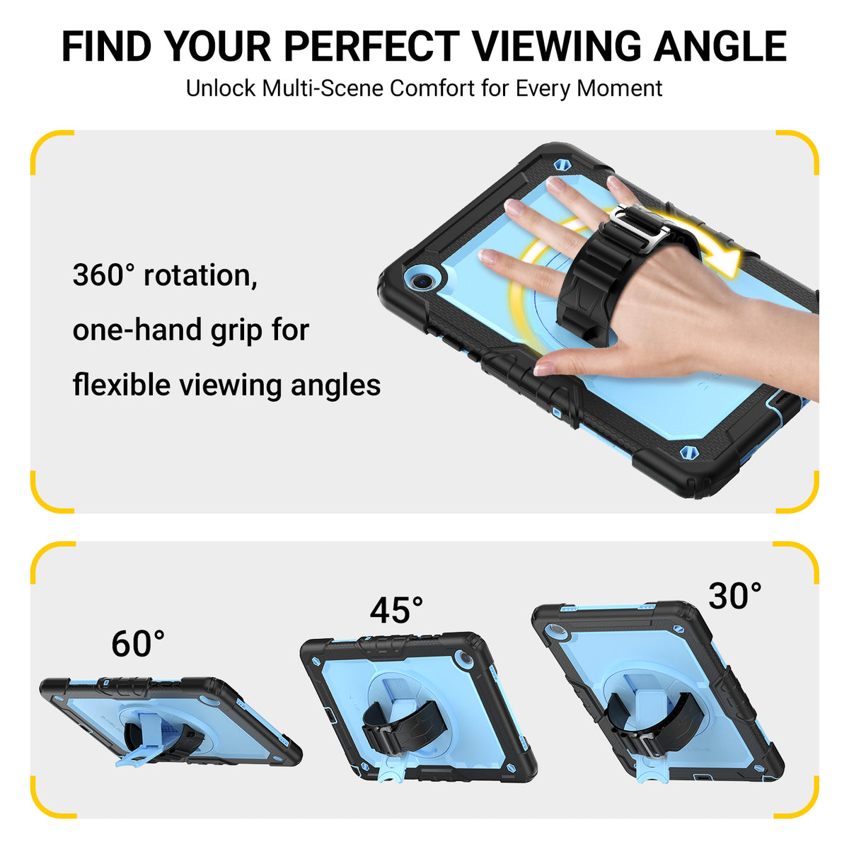 Promotional graphic for a rugged tablet case with an integrated wrist strap and rotation feature. The top section shows a hand gripping the strap to demonstrate one-hand use, with text reading '360° rotation, one-hand grip for flexible viewing angles.