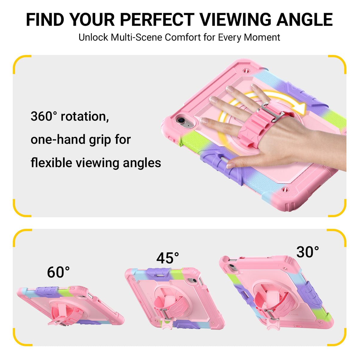 A pink protective tablet case with a built-in wrist strap and colorful pastel accents, shown with text explaining viewing angles and three angle diagrams (60°, 45°, 30°). A hand is visible holding the case in the top-right inset.