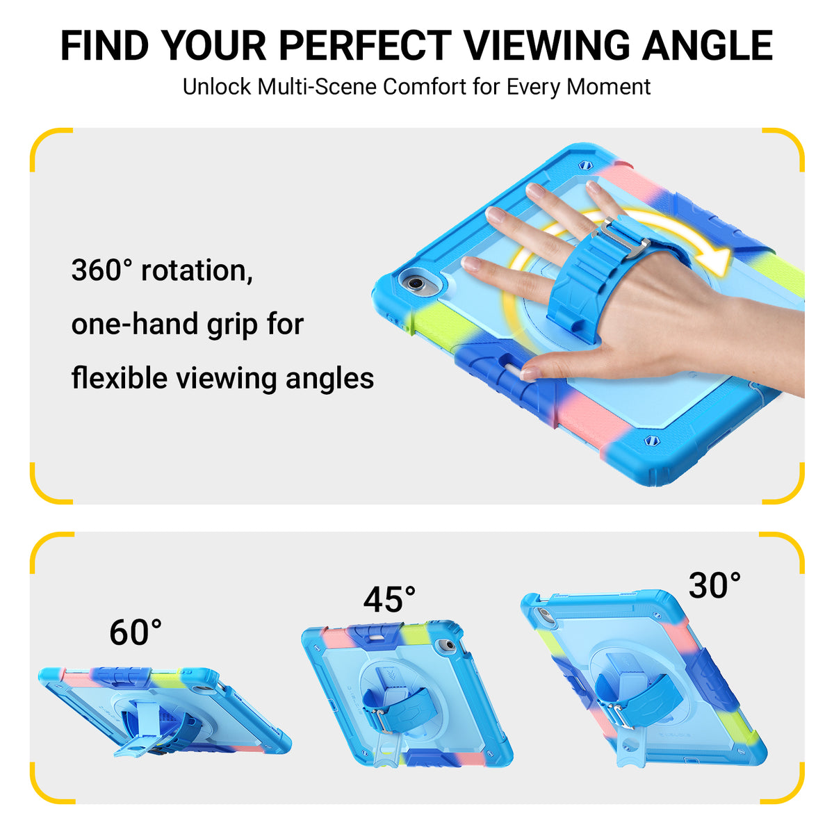 A blue protective tablet case with a built-in multi-angle grip and stand, shown with a hand demonstrating a 360-degree rotation and three angle options labeled 60°, 45°, and 30° on a light gray background with marketing text.