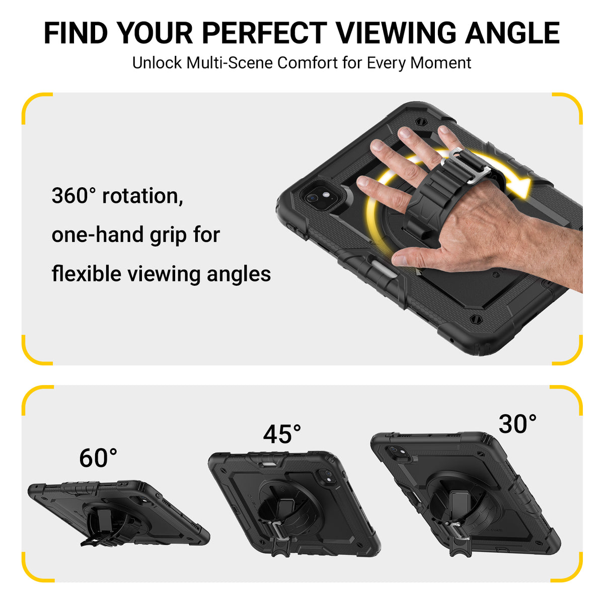 Promotional graphic for a rugged black tablet case with an integrated wrist strap and rotation feature. The top section shows a hand gripping the strap to demonstrate one-hand use, with text reading '360° rotation, one-hand grip for flexible viewing angles.
